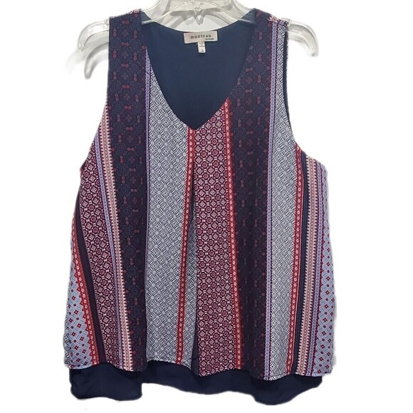 Monteau Multi Patterned Striped Layered Sleeveless Boho Top, L - Picture 1 of 8
